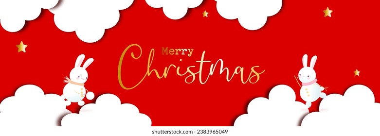 Merry Christmas banner card  with bunny clouds snowflakes in paper cut style 2024 new year on red   background party empty template for text Event banner for celebration