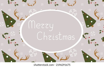 Merry Christmas banner card with horns and snowflakes and tree eve. Place for text. Holiday vector illustration