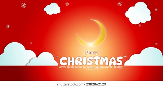 Merry Christmas banner card  with moon clouds snowflakes in paper cut style 2024 new year on red   background party empty template for text Event banner for celebration