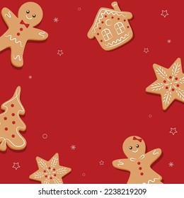Merry Christmas banner, cards or background, design template. Homemade gingerbread man cookie theme concept, holiday fair and sale. Vector illustration.