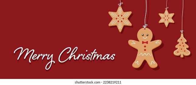 Merry Christmas banner, cards or background, design template. Homemade gingerbread man cookie theme concept, holiday fair and sale. Vector illustration.