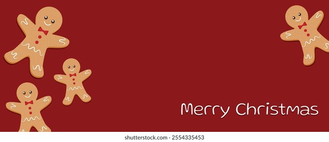 Merry Christmas banner, cards or background, design template. Homemade gingerbread man cookie theme concept, holiday fair and sale. Vector illustration