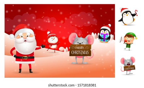 Merry Christmas banner with cartoon Santa and helpers. Lettering with decorations can be used for invitation and greeting card. Holiday concept