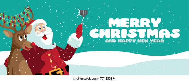 Merry Christmas banner with cartoon Santa Claus and his reindeer taking a selfie. EPS 10 vector flat illustration.