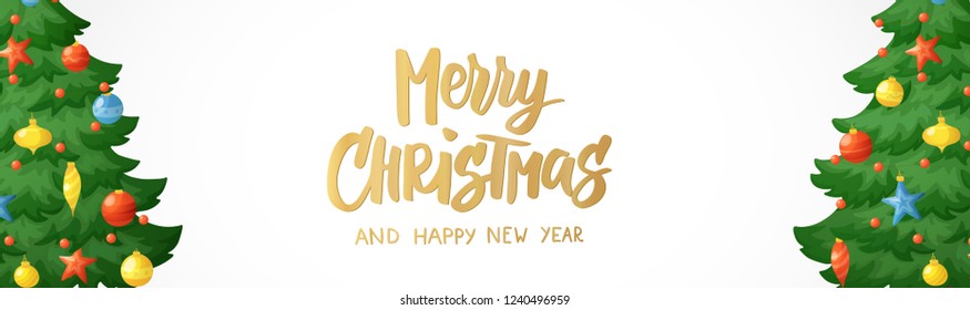 Merry Christmas banner. Cartoon Christmas tree branches on white background. Winter holidays decorations with stars, balls and garlands, vector illustration. For New Year cards, posters, headers