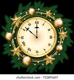 Merry Christmas banner with clock, pine branches decorated, gold stars and bubbles on black background. Vector illustration template greeting card