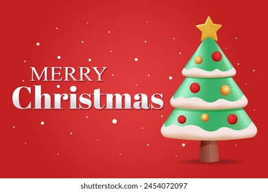 Merry Christmas banner concept in 3d cartoon design. This beautiful image captures the holiday spirit by depicting a snowy Christmas tree on a red background. Vector illustration.