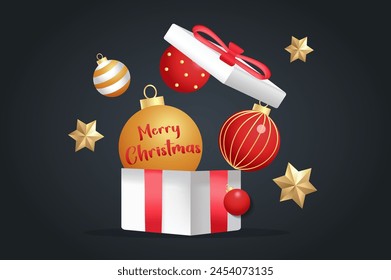 Merry Christmas banner concept in 3d cartoon design. This illustration shows a gift box with Christmas tree toys inside on a dark background. Vector illustration.