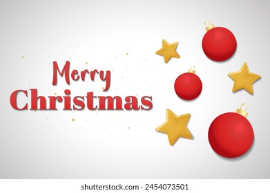 Merry Christmas banner concept in 3d cartoon design. This holiday card features Christmas tree toys and stars to convey a festive mood on a white background. Vector illustration.