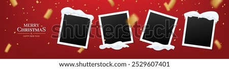 Merry Christmas banner with confetti, snow caps, snow drifts and vintage instant photo frames for christmas and happy new year promotion banner design on red background