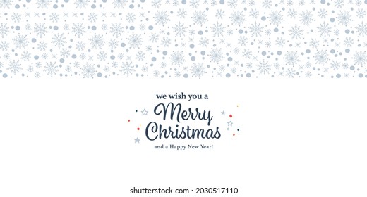 Merry Christmas banner with congratulation text and xmas snowflake icons ornament isolated. Vector flat illustration. For cards, banners, prints, packaging, invitations.