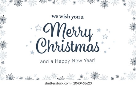 Merry Christmas banner with congratulation text and xmas snowflake icons ornament frame isolated. Vector flat illustration. For cards, banners, prints, packaging, invitations.