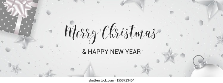 Merry Christmas banner. Cristmas festive background with objects in silver colors.