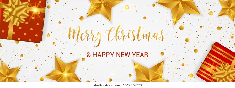 Merry Christmas banner. Cristmas festive background with objects and golden decoration