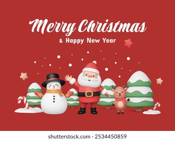 Merry Christmas banner with cute 3d characters waving their hands, snowy trees, inflated stars and candy cane on red background. New Year greeting vector illustration with cartoon elements.
