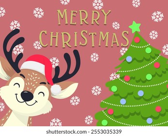 Merry Christmas banner. Cute cartoon deer in Santa hat. Vector illustration