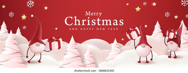 Merry Christmas Banner With Cute Gnome And Festive Decoration For Christmas