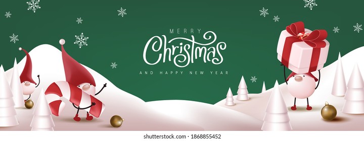 Merry Christmas banner with cute gnome and festive decoration for christmas