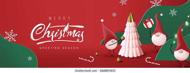 Merry Christmas Banner With Cute Gnome And Festive Decoration For Christmas