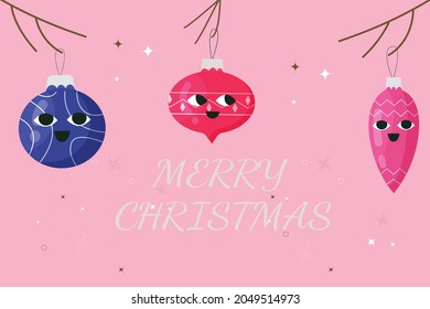 Merry Christmas banner with cute hand drawn Christmas ornaments hanging on the tree. Vector illustration
