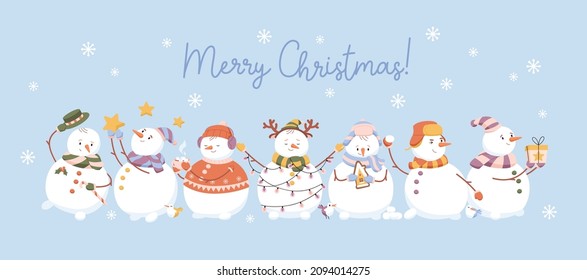 Merry Christmas banner with cute happy snowmen, snowflakes. Xmas background with snow men characters in hats on winter holidays, gifts, snowball and garland in hands. Colored flat vector illustration