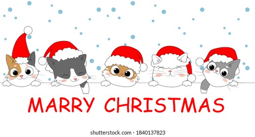 Merry Christmas banner with cute kittens. Collection of Christmas cats, Merry Christmas. Kitten holidays cartoon character. Doodle style. Vector illustration
