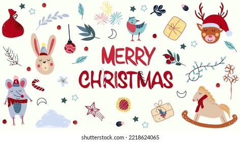 Merry Christmas banner with cute mouse in a scarf, rocking horse in vintage style, head rabbit, heaps of snow, pine branches, a bag of gifts and other. Concept Christmas and New Year. Vector.