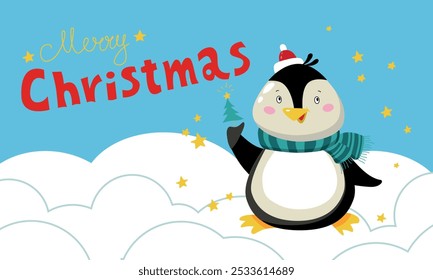 Merry christmas banner with cute penguin and stars. Clipart image.