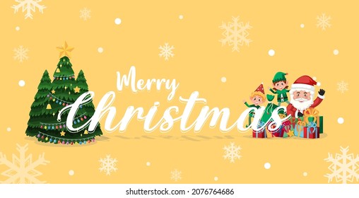 Merry Christmas banner with cute santa claus cartoon illustration