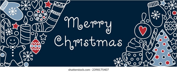 Merry Christmas banner dark blue color. Christmas tree, decorations, cocoa, gingerbread, lollipop, mittens, sock, candle, snowflakes, stars. Vector illustration	