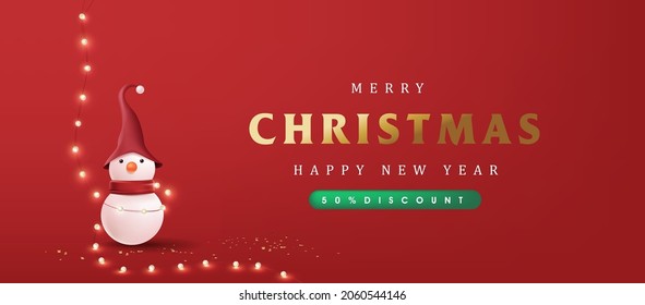 Merry Christmas banner decorate with snowman and fairy Light on red background