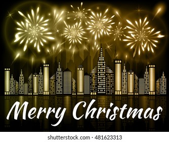 Merry Christmas banner decorated with fireworks exploding in night sky over downtown city with reflection in water of golden shades