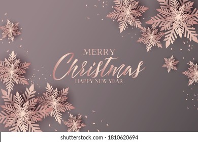Merry Christmas banner with decorated snowflake paper cut pink