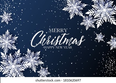 Merry Christmas banner with decorated snowflake paper cut dark blue background Happy New Year