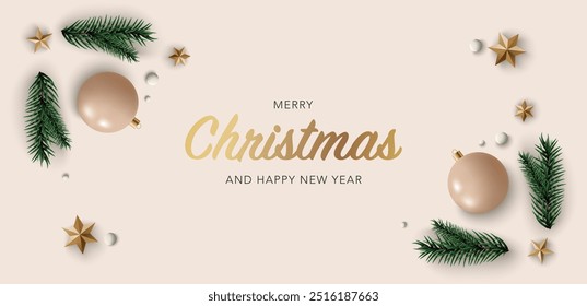 Merry Christmas banner with decoration ball, pine leaf, stars and snow ball with gold text. Vector illustration with xmas elements, greeting card, background, social media, holiday season greeting.