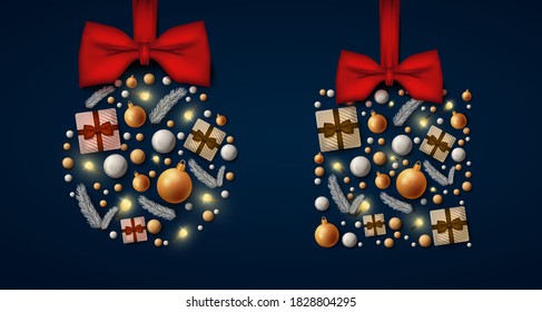 Merry Christmas banner with decorative details and red ribbon . Background Xmas design 3d. Poster, greeting cards, head