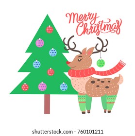 Merry Christmas banner depicting title and icon of reindeer wearing scarf and socks standing by tree with toys vector illustration