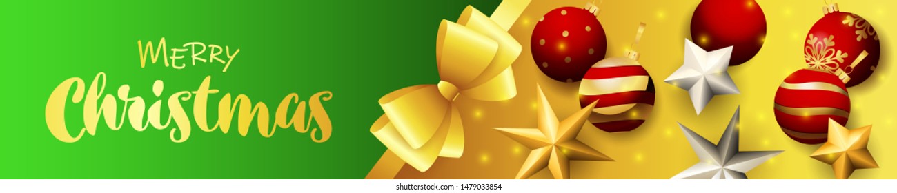 Merry Christmas banner design with balls, stars on green and glittering yellow horizontal background with golden bow. Lettering can be used for invitations, signs, announcements