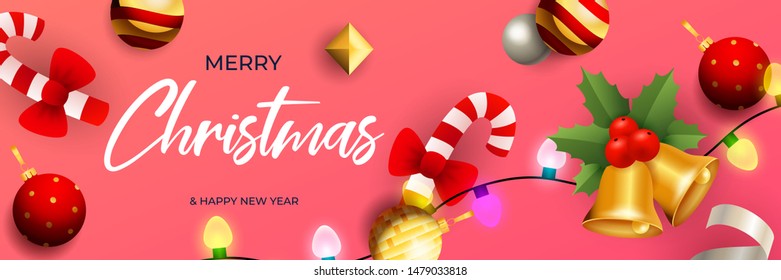 Merry Christmas banner design with bells, night lights, baubles on pink horizontal background. Lettering can be used for invitations, signs, announcements
