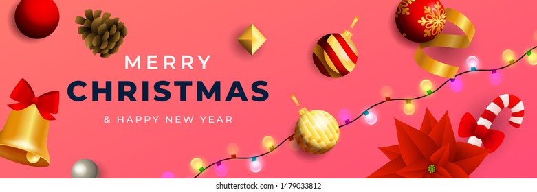 Merry Christmas banner design with bright balls, pine cone, candy cane on pink horizontal background with glowing garland. Lettering can be used for invitations, signs, announcements