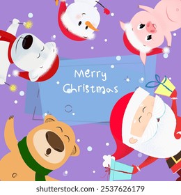 Merry Christmas banner design with cartoon company. Inscription with Santa, bear, snowman, piglet on abstract background. Can be used for postcards, invitations, greeting cards