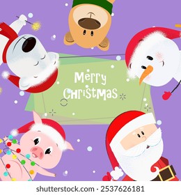 Merry Christmas banner design with cartoon chatacters. Inscription with snowman, Santa, bear and piglet on abstract background with snowflakes. Can be used for postcards, invitations, greeting cards