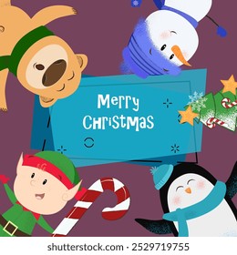 Merry Christmas banner design with cartoons. Inscription with elf, penguin, snowman, bear and fir tree on abstract background. Can be used for postcards, invitations, greeting cards