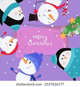 Merry Christmas banner design with cartoons. Inscription with snowman, penguin and fir tree on abstract background with snowflakes.Can be used for postcards, invitations, greeting cards