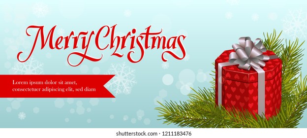 Merry Christmas banner design. Fir branch, red gift box with grey ribbon and snowflakes on light blue background. Template can be used for banners, posters, greeting cards, postcards