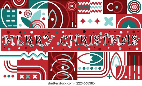 Merry Christmas banner design with geometric shapes, patterns and colors such red and green. Horizontal Banner of Christmas illustration modern colorful vector design.