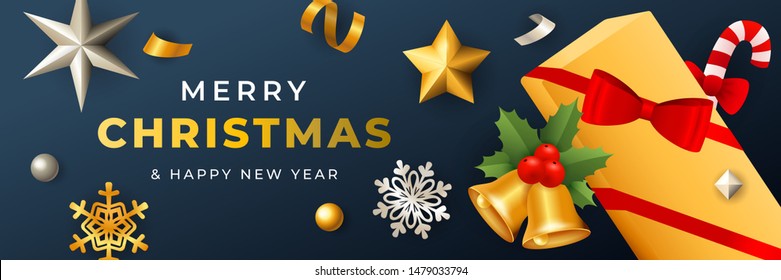 Merry Christmas banner design with gift box covered with ribbon on dark blue horizontal background with golden and silver confetti. Lettering can be used for invitations, signs, announcements