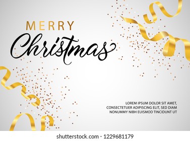 Merry Christmas banner design with golden streamer and confetti. Vector illustration can be used for flyers, posters, greeting cards