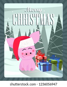 Merry Christmas banner design with happy pig piglet in Santa hat sitting with gifts in winter forest. Lettering with realistic elements can be used for invitations, signs, announcements