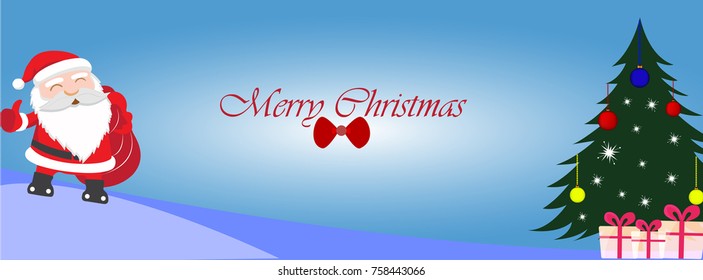 Merry christmas banner design and illustration with tree,gifts and santa.
